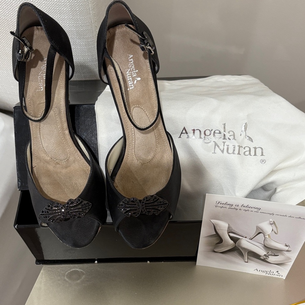 ANGELA NURAN Black Ankle-Strap Peep-Toe Heels with Embellishment - Picture 7 of 15